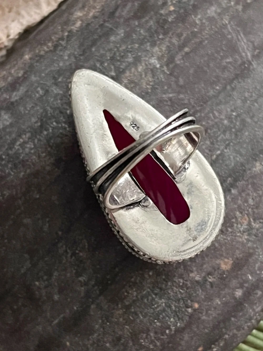 Teardrop Ruby Carved Leaf Gemstone Silver Ring Sz 7.5